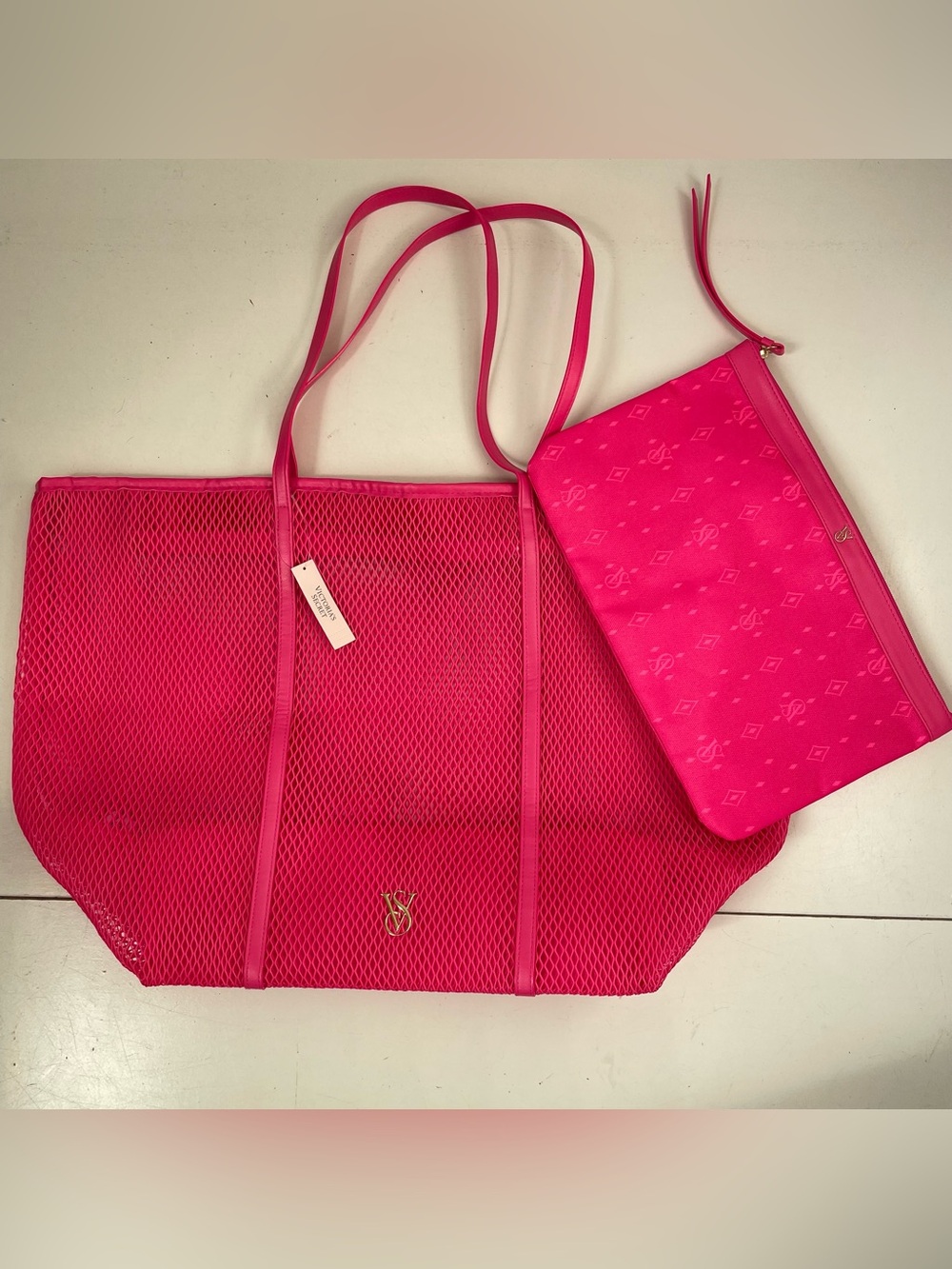 NEW Victoria's Secret Pink Mesh Tote & Matching Zip Pouch Set Barbiecore